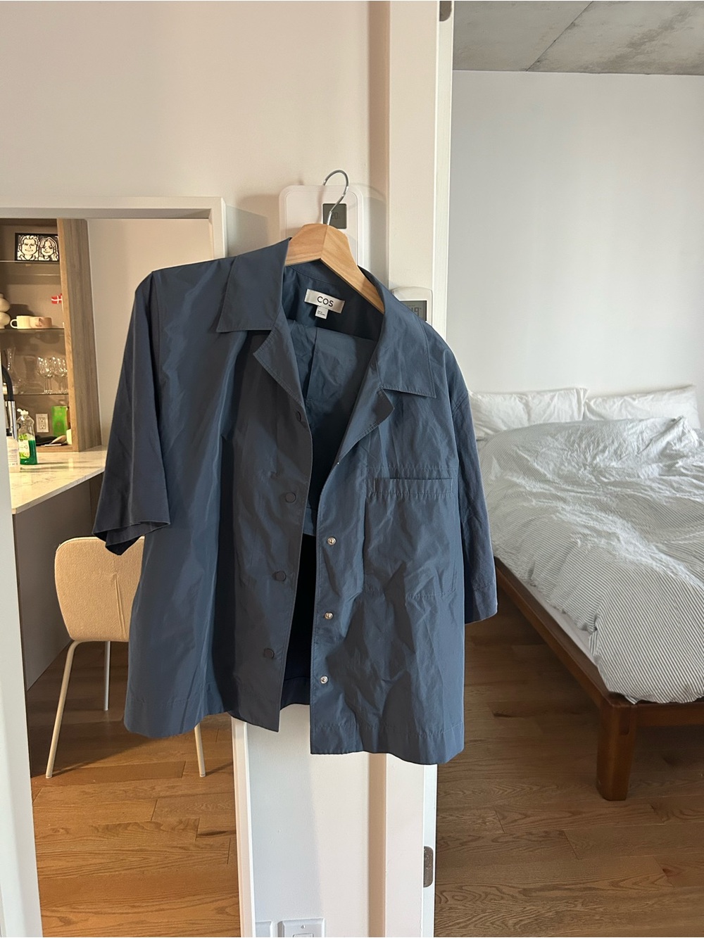 COS Short-Sleeve Overshirt in Slate Blue with matching skirt